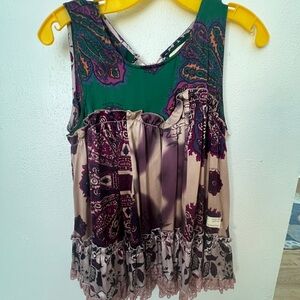 Odd Molly Silk flowy top. Beautiful patterns of green and purple.